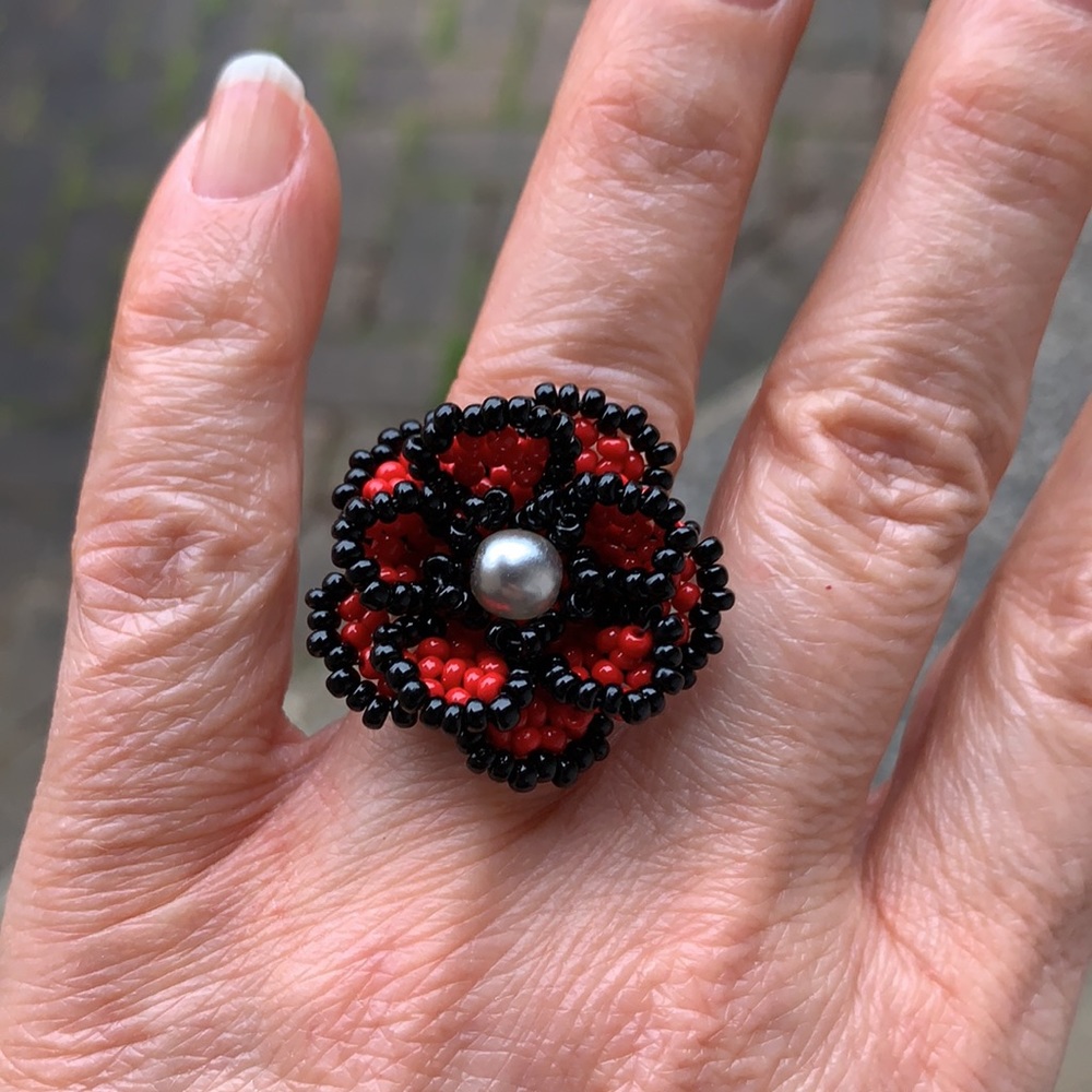 🌷3 for $25🌷Handmade, Beaded Red & Black Flower Ring, Fits up to Ring Size 8
